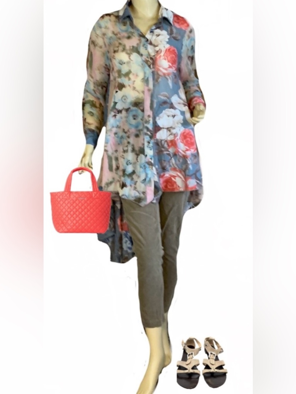FERATELLI GRAY & CORAL FLORAL PRINT CHIFFON  AND LACE HIGH LOW BLOUSE (S)